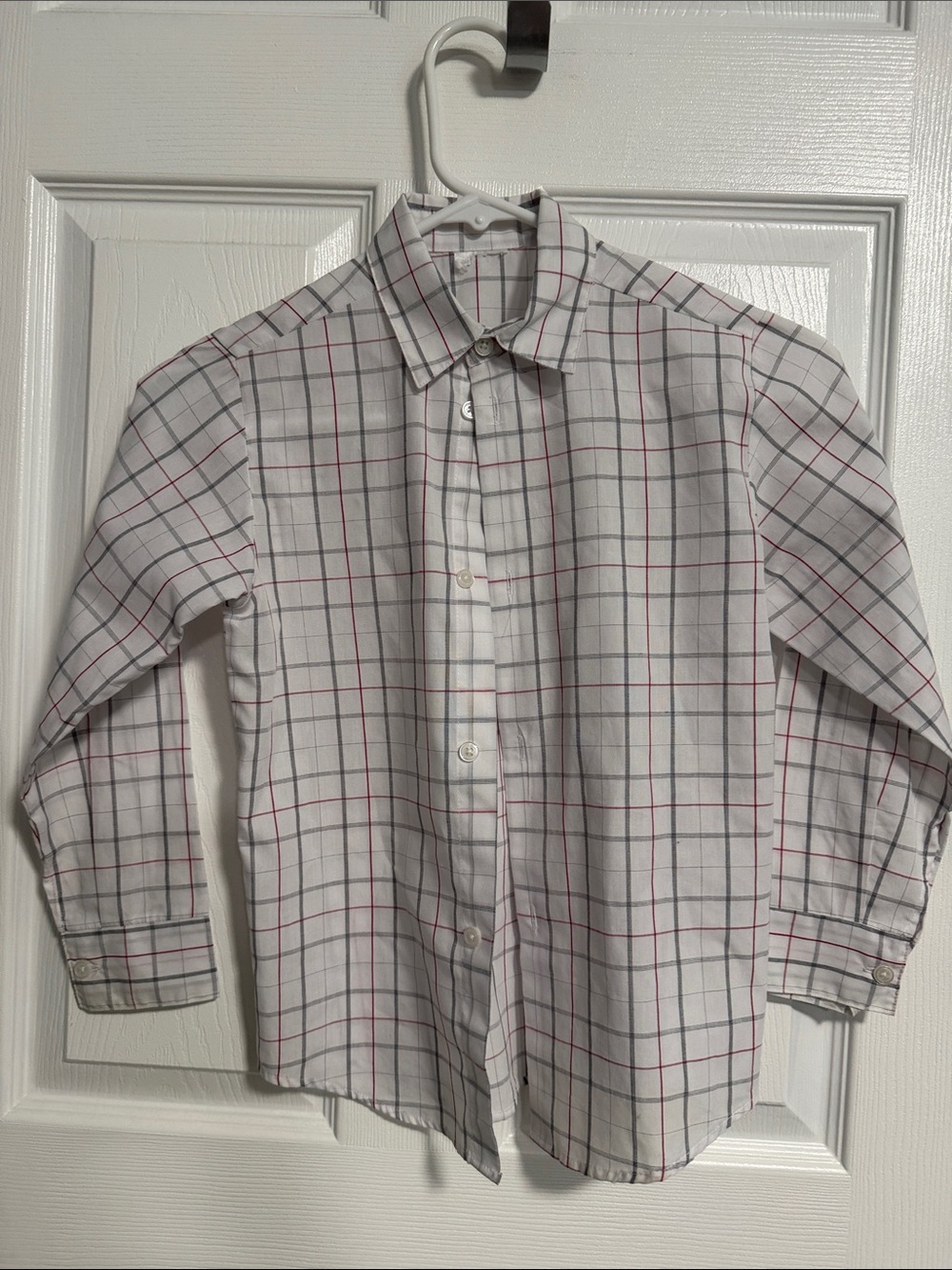 White Plaid Button-Up Shirt with Red and Gray Lines